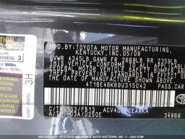 4T1BE46K69U315042 - 2009 TOYOTA CAMRY SE/LE/XLE ნაცრისფერი ფოტო 9