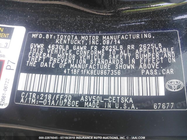 4T1BF1FK8EU867356 - 2014 TOYOTA CAMRY L/SE/LE/XLE 黑色 照片 9