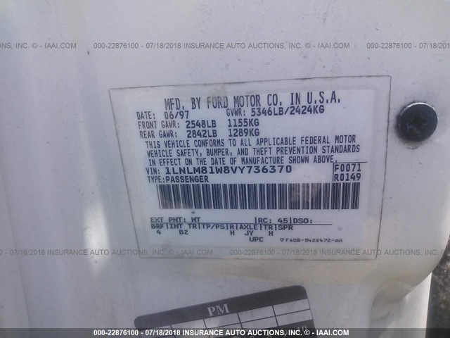 1LNLM81W8VY736370 - 1997 LINCOLN TOWN CAR EXECUTIVE Белый фото 9