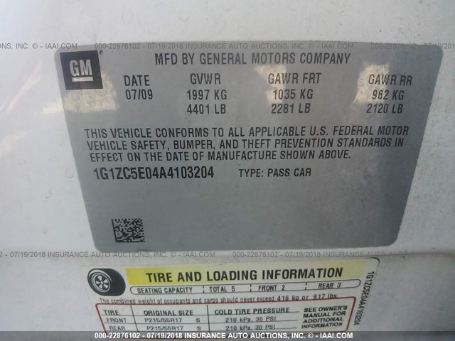 1G1ZC5E04A4103204 - 2010 CHEVROLET MALIBU 1LT 白色 照片 9