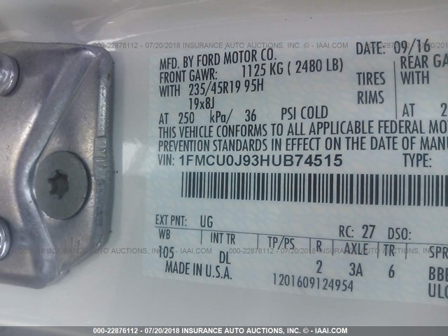 1FMCU0J93HUB74515 - 2017 FORD ESCAPE TITANIUM WHITE photo 9