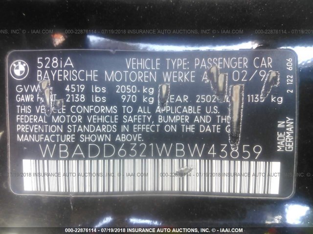 WBADD6321WBW43859 - 1998 BMW 528 I AUTOMATIC BLACK photo 9