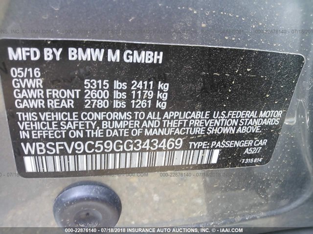 WBSFV9C59GG343469 - 2016 BMW M5 GRAY photo 9