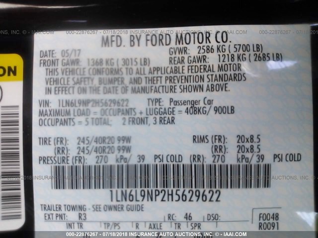 1LN6L9NP2H5629622 - 2017 LINCOLN CONTINENTAL RESERVE Kastanienbraun Foto 9