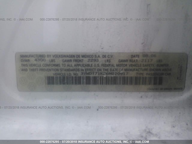 3VWDT71K26M020917 - 2006 VOLKSWAGEN JETTA TDI OPTION PACKAGE 2 WHITE photo 9