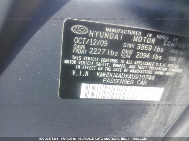 KMHDU4ADXAU910744 - 2010 HYUNDAI ELANTRA BLUE/GLS/SE GRAY photo 9