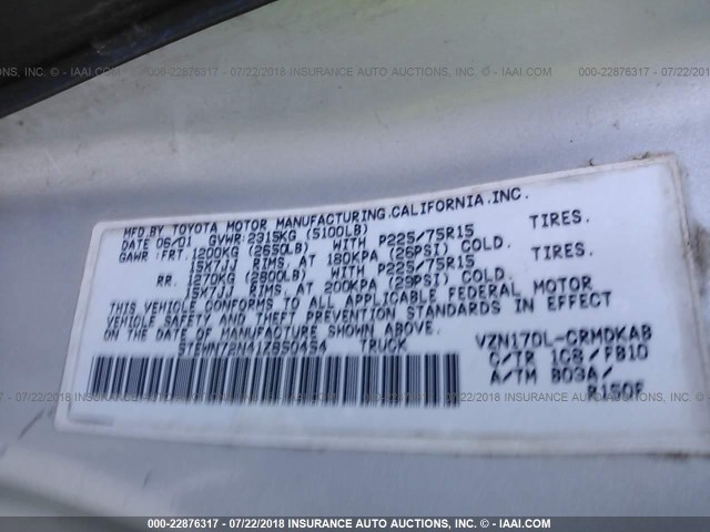 5TEWN72N41Z850454 - 2001 TOYOTA TACOMA XTRACAB SILVER photo 9