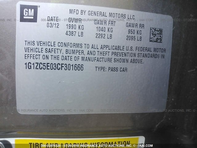 1G1ZC5E03CF301666 - 2012 CHEVROLET MALIBU 1LT Pewter photo 9