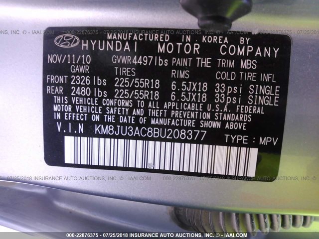 KM8JU3AC8BU208377 - 2011 HYUNDAI TUCSON GLS/LIMITED Light Blue photo 9