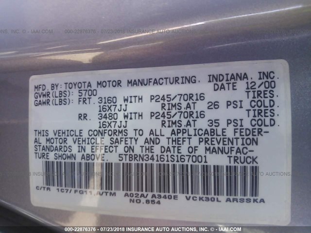 5TBRN34161S167001 - 2001 TOYOTA TUNDRA ACCESS CAB SR5 GRAY photo 9