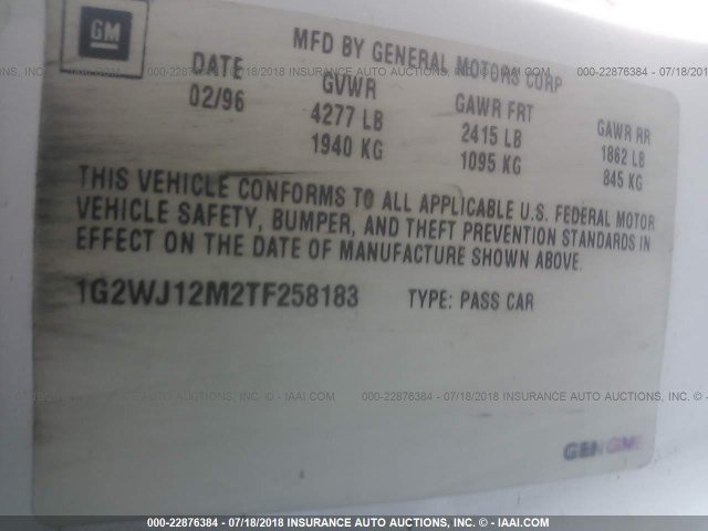 1G2WJ12M2TF258183 - 1996 PONTIAC GRAND PRIX SE 白色 照片 9