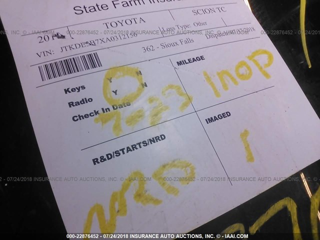 JTKDE3B7XA0312156 - 2010 TOYOTA SCION TC 白色 照片 7