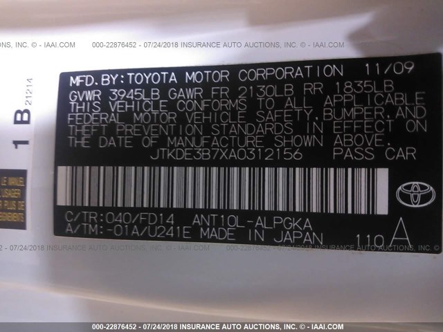 JTKDE3B7XA0312156 - 2010 TOYOTA SCION TC 白色 照片 9