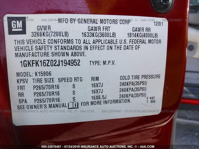 1GKFK16Z02J194952 - 2002 GMC YUKON XL K1500 RED photo 9