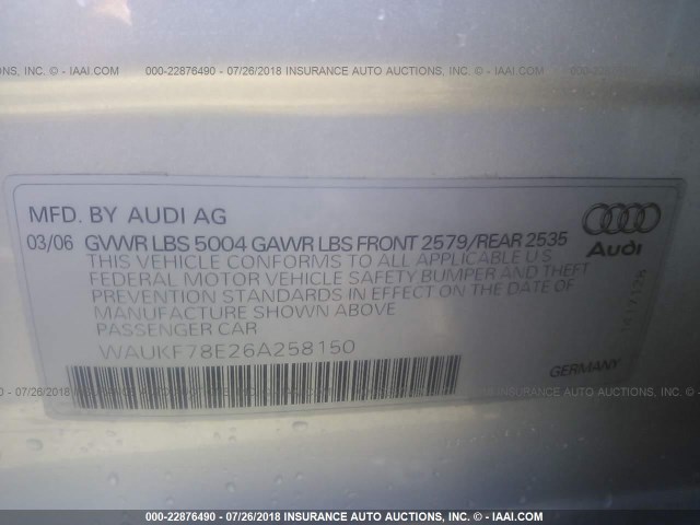 WAUKF78E26A258150 - 2006 AUDI A4 2.0T AVANT QUATTRO SILVER photo 9