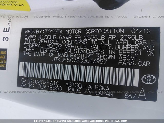 JTKJF5C78C3043957 - 2012 TOYOTA SCION TC 白色 照片 9