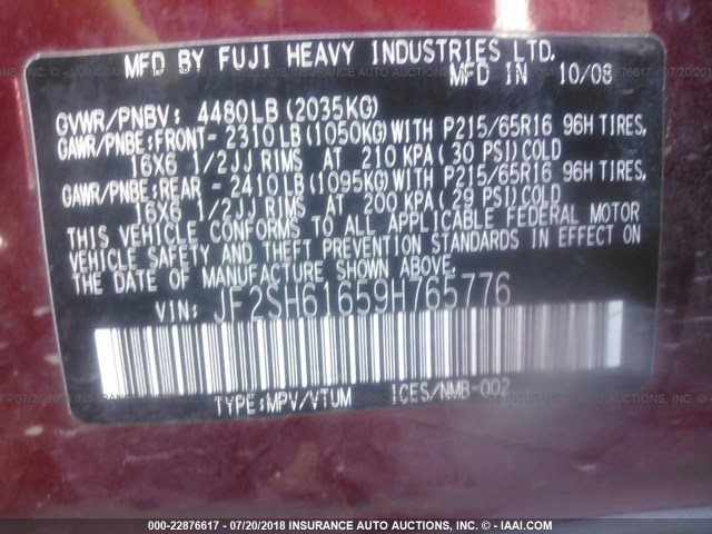 JF2SH61659H765776 - 2009 SUBARU FORESTER 2.5X RED photo 9