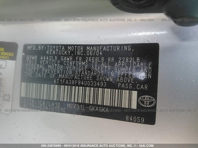 4T1FA38P84U033493 - 2004 TOYOTA CAMRY SOLARA SE/SLE ვერცხლისფერი ფოტო 9