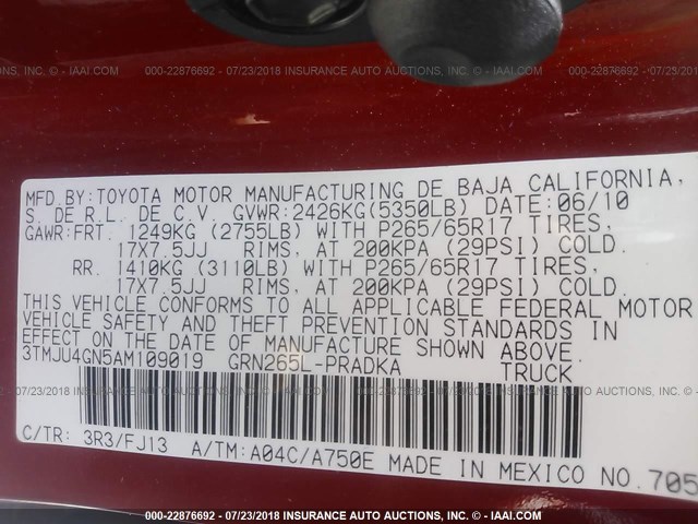 3TMJU4GN5AM109019 - 2010 TOYOTA TACOMA DOUBLE CAB PRERUNNER RED photo 9