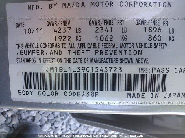 JM1BL1L39C1545723 - 2012 MAZDA SPEED 3 SILVER photo 9