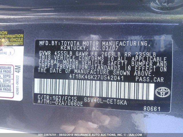 4T1BK46K27U542041 - 2007 TOYOTA CAMRY NEW GENERAT LE/XLE/SE GRAY photo 9