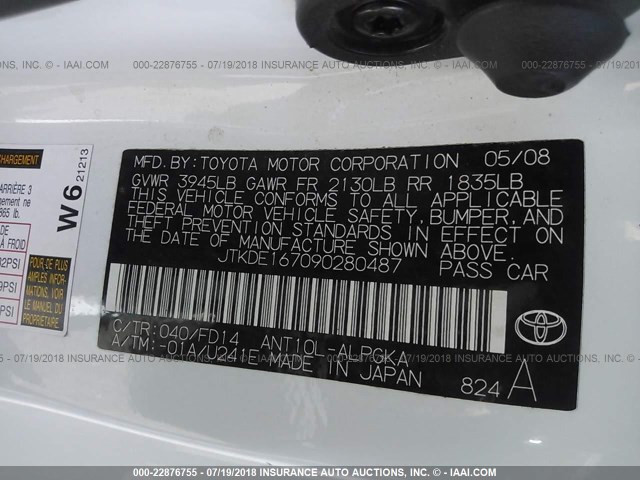 JTKDE167090280487 - 2009 TOYOTA SCION TC 白色 照片 9