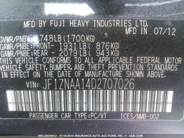 JF1ZNAA14D2707026 - 2013 TOYOTA SCION FR-S GRAY photo 9