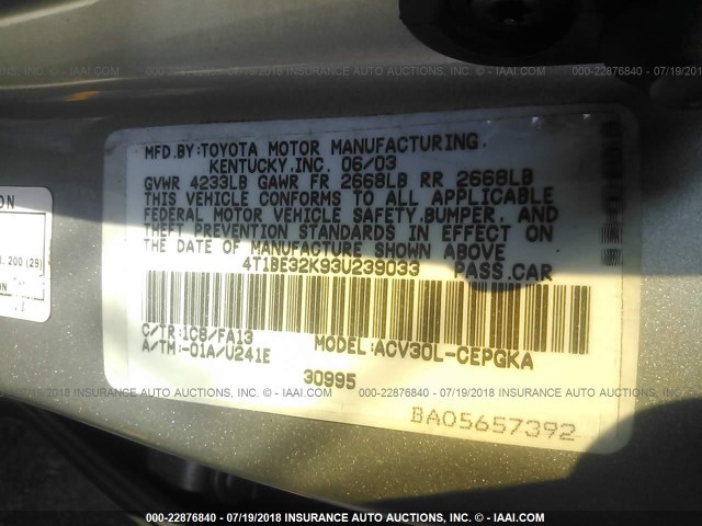 4T1BE32K93U239033 - 2003 TOYOTA CAMRY LE/XLE/SE 银色 照片 9