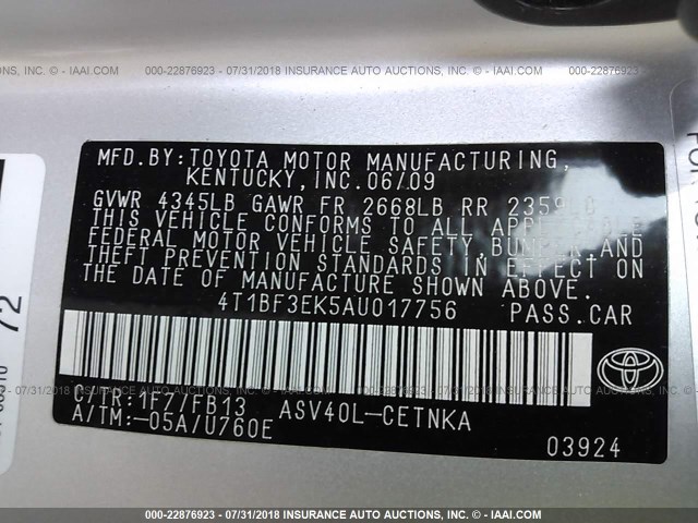 4T1BF3EK5AU017756 - 2010 TOYOTA CAMRY SE/LE/XLE ვერცხლისფერი ფოტო 9