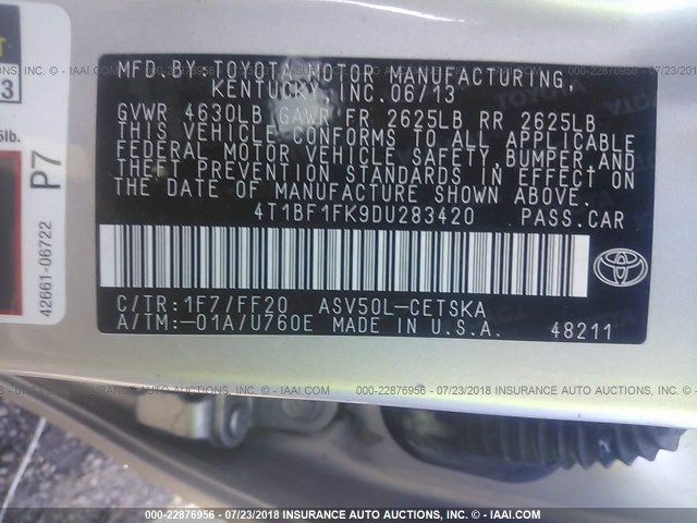 4T1BF1FK9DU283420 - 2013 TOYOTA CAMRY L/SE/LE/XLE 银色 照片 9