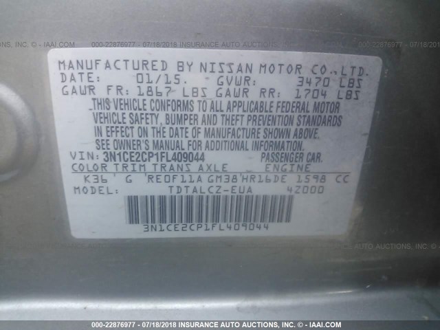 3N1CE2CP1FL409044 - 2015 NISSAN VERSA NOTE S/S PLUS/SV/SL/SR SILVER photo 9