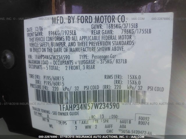 1FAHP34N57W234590 - 2007 FORD FOCUS ZX4/S/SE/SES 栗色 照片 9