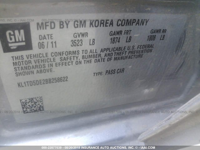 KL1TD5DE2BB258622 - 2011 CHEVROLET AVEO LS/LT 灰色 照片 9