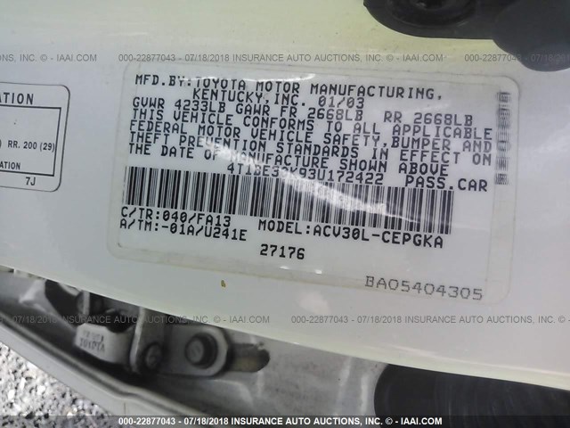 4T1BE30K93U172422 - 2003 TOYOTA CAMRY LE/XLE/SE 白色 照片 9