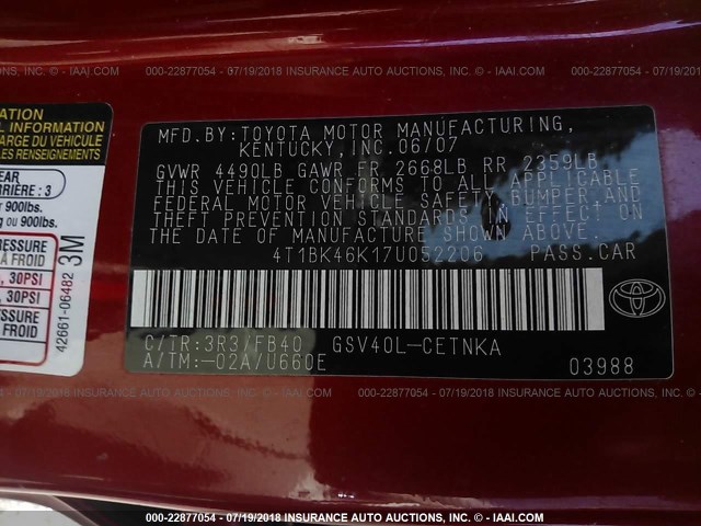 4T1BK46K17U052206 - 2007 TOYOTA CAMRY NEW GENERAT LE/XLE/SE RED photo 9
