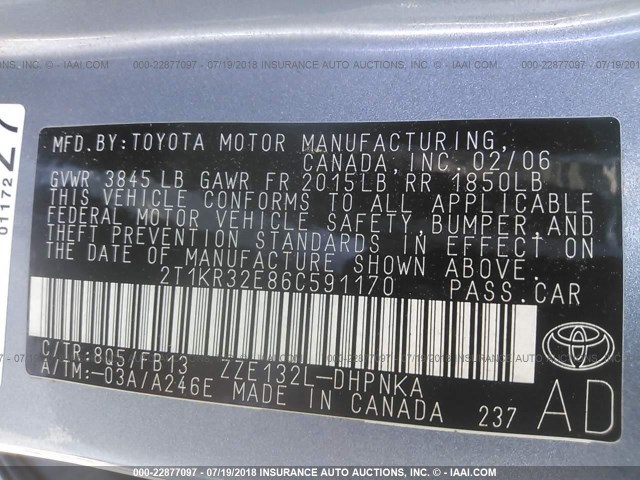 2T1KR32E86C591170 - 2006 TOYOTA COROLLA MATRIX XR Light Blue photo 9