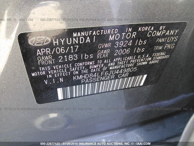 KMHD84LF6JU449805 - 2018 HYUNDAI ELANTRA SEL/VALUE/LIMITED GRAY photo 9