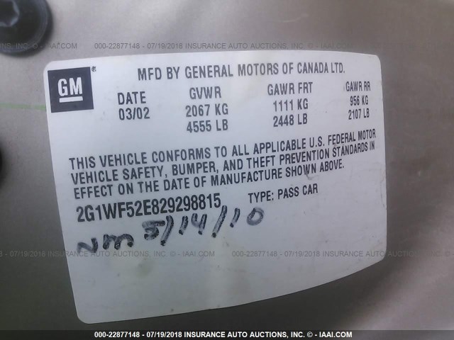 2G1WF52E829298815 - 2002 CHEVROLET IMPALA 棕色 照片 9