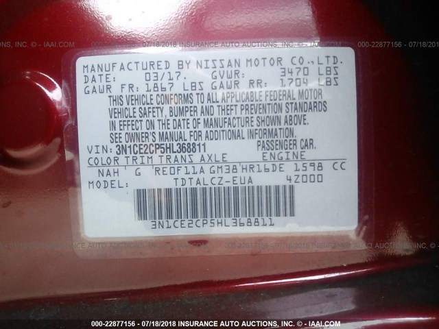 3N1CE2CP5HL368811 - 2017 NISSAN VERSA NOTE S/S PLUS/SV/SL/SR RED photo 9