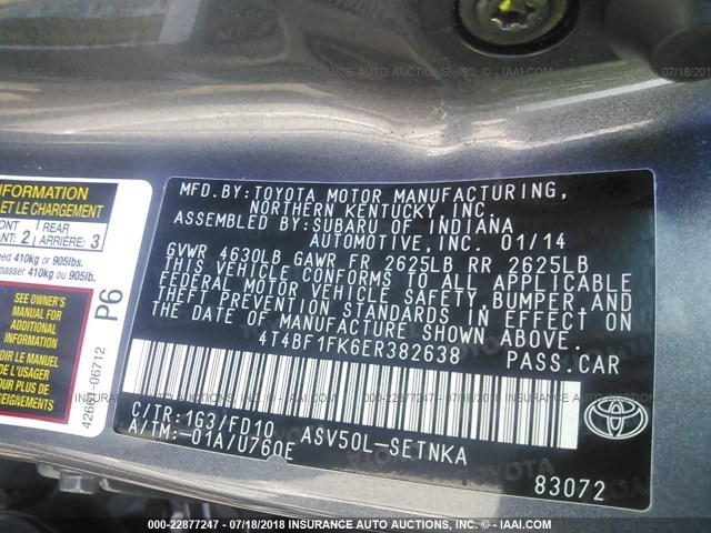 4T4BF1FK6ER382638 - 2014 TOYOTA CAMRY L/SE/LE/XLE 灰色 照片 9