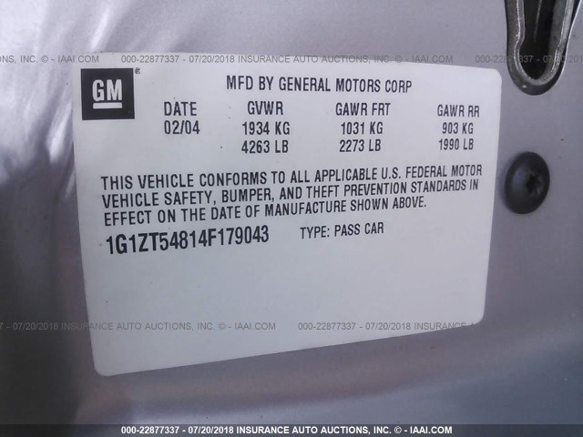 1G1ZT54814F179043 - 2004 CHEVROLET MALIBU LS SILVER photo 9