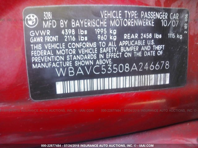 WBAVC53508A246678 - 2008 BMW 328 I SULEV RED photo 9