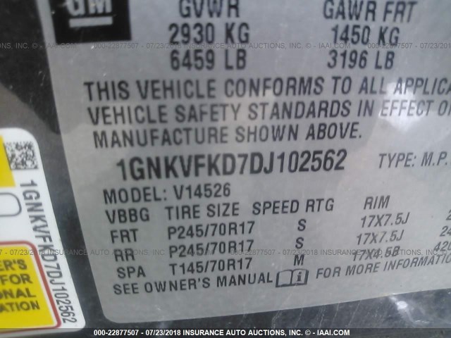 1GNKVFKD7DJ102562 - 2013 CHEVROLET TRAVERSE LS GRAY photo 9