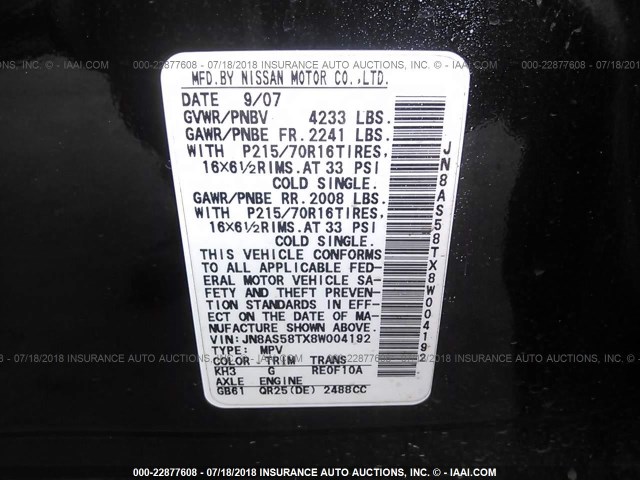 JN8AS58TX8W004192 - 2008 NISSAN ROGUE S/SL BLACK photo 9