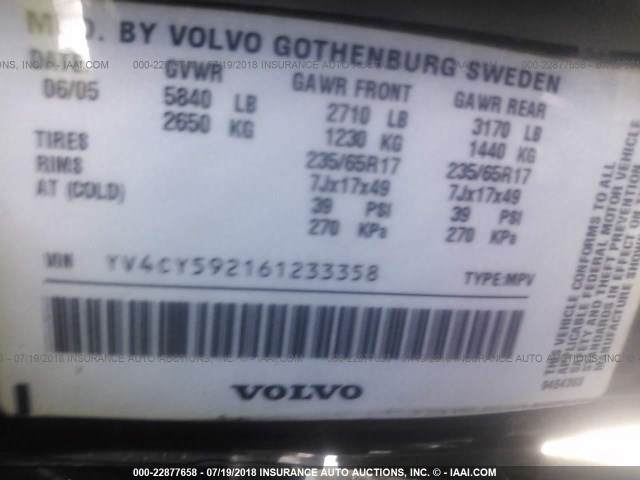 YV4CY592161233358 - 2006 VOLVO XC90 BLACK photo 9