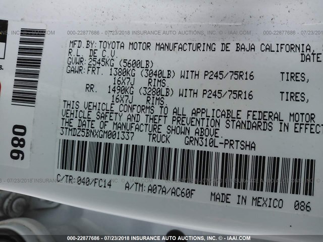 3TMDZ5BNXGM001337 - 2016 TOYOTA TACOMA DBL CAB/SR5/TRD SPORT/OR WHITE photo 9