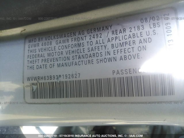 WVWRH63B93P192627 - 2003 VOLKSWAGEN PASSAT GLX 浅蓝色 照片 9