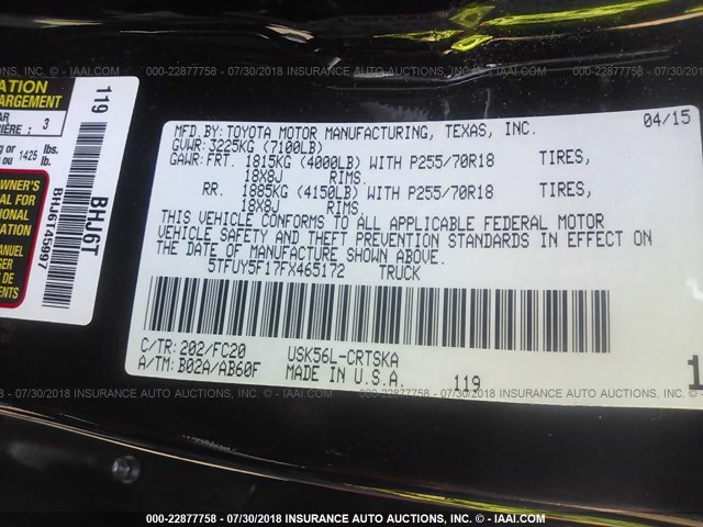 5TFUY5F17FX465172 - 2015 TOYOTA TUNDRA DOUBLE CAB SR/SR5 BLACK photo 9