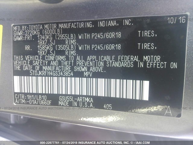 5TDJKRFH4GS343854 - 2016 TOYOTA HIGHLANDER XLE ნაცრისფერი ფოტო 9