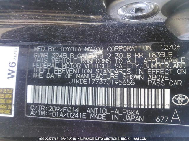 JTKDE177370195655 - 2007 TOYOTA SCION TC შავი ფოტო 9